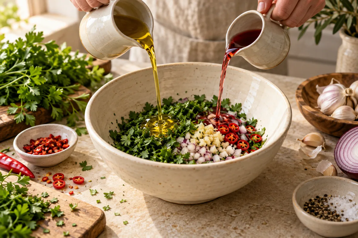 К рубленым продуктам добавляют масло и винный уксус