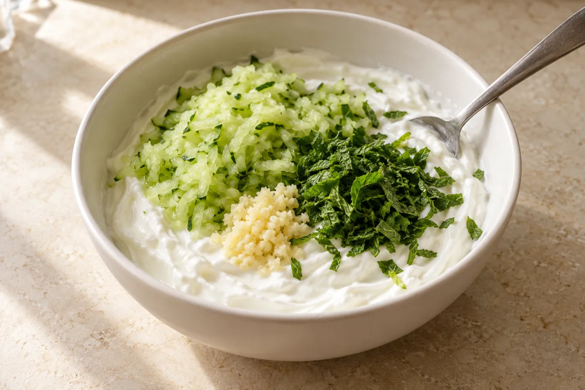 Йогурт, огурец, чеснок и мята в миске