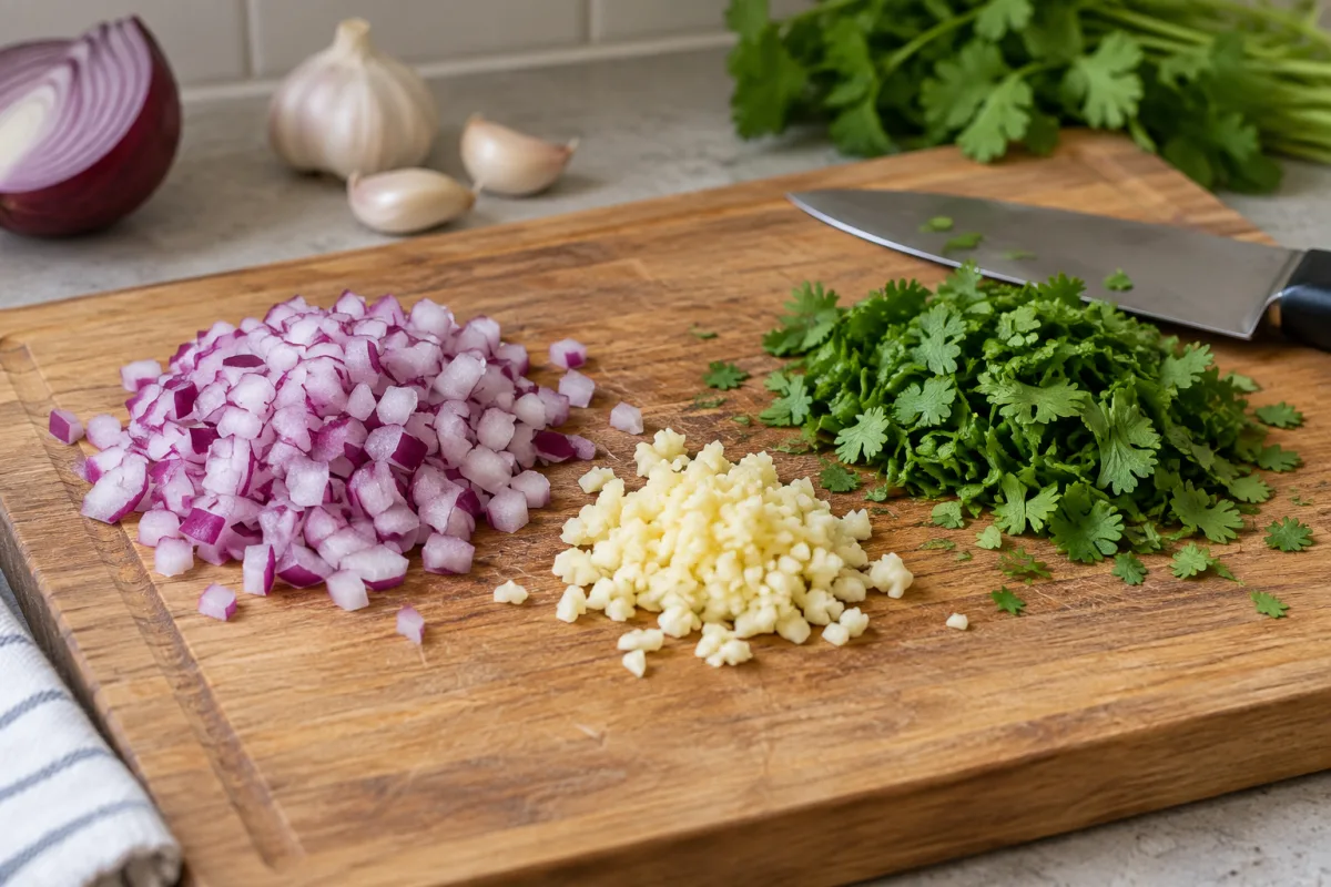 Красный лук, чеснок и кинзу рубят отдельно