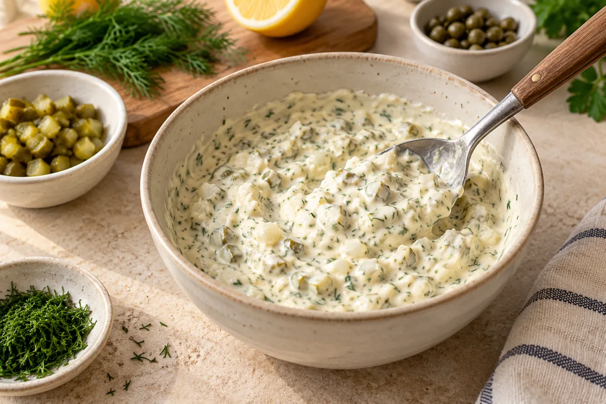 Готовый густой тартар с кусочками зелени и огурца